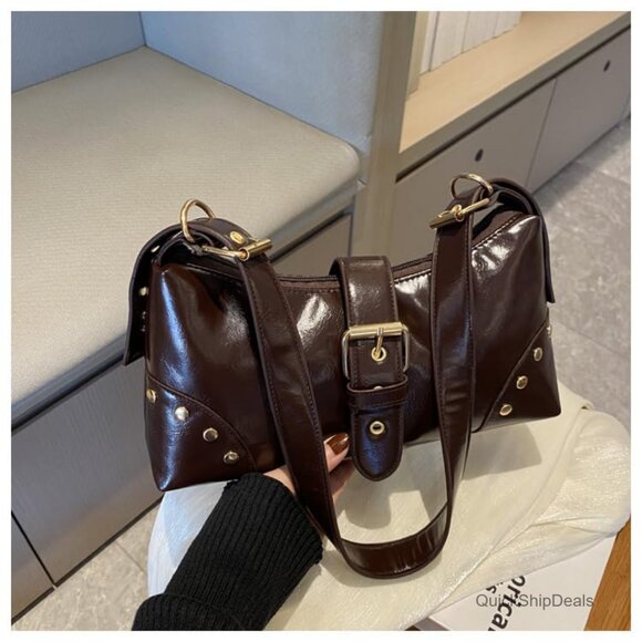 PU Leather Shoulder Bag with Adjustable Strap Studded Vintage Purse - Picture 6 of 6